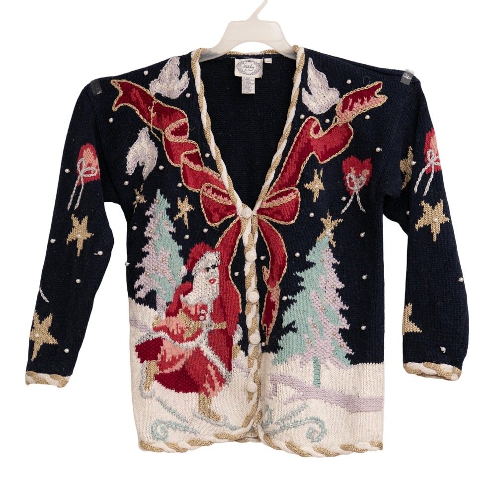 VTG Christmas Cardigan Sweater Sz L Holiday Scene GrannyCore 90s Retro Xmas Knit